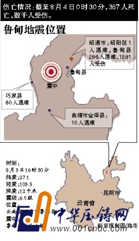 8月3日，救援人員在云南魯?shù)榭h地震現(xiàn)場(chǎng)救援。該地發(fā)生6.5級(jí)地震，為14年來(lái)最大震級(jí)。新華社發(fā)